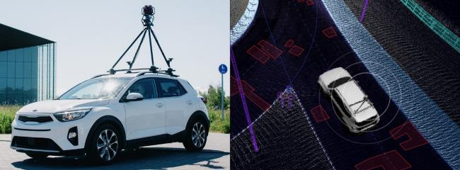 A car with mountable high-quality mobile mapping equipment (left) capturing the data (right)