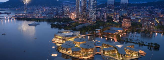 Floating structures and cities are in sheltered waters near land. They integrate into existing cities, while adjusting to rising sea levels. (Artist rendering courtesy of Oceanix/Bjarke Ingels Group)