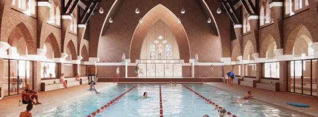 A church in the center of Heerlen, a small city in the Netherlands, is being converted into a public pool in an effort to revitalize the city center. (Courtesy of MVRDV)