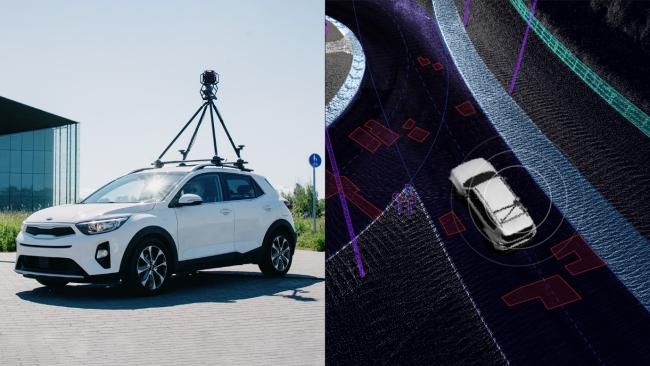 A car with mountable high-quality mobile mapping equipment (left) capturing the data (right)